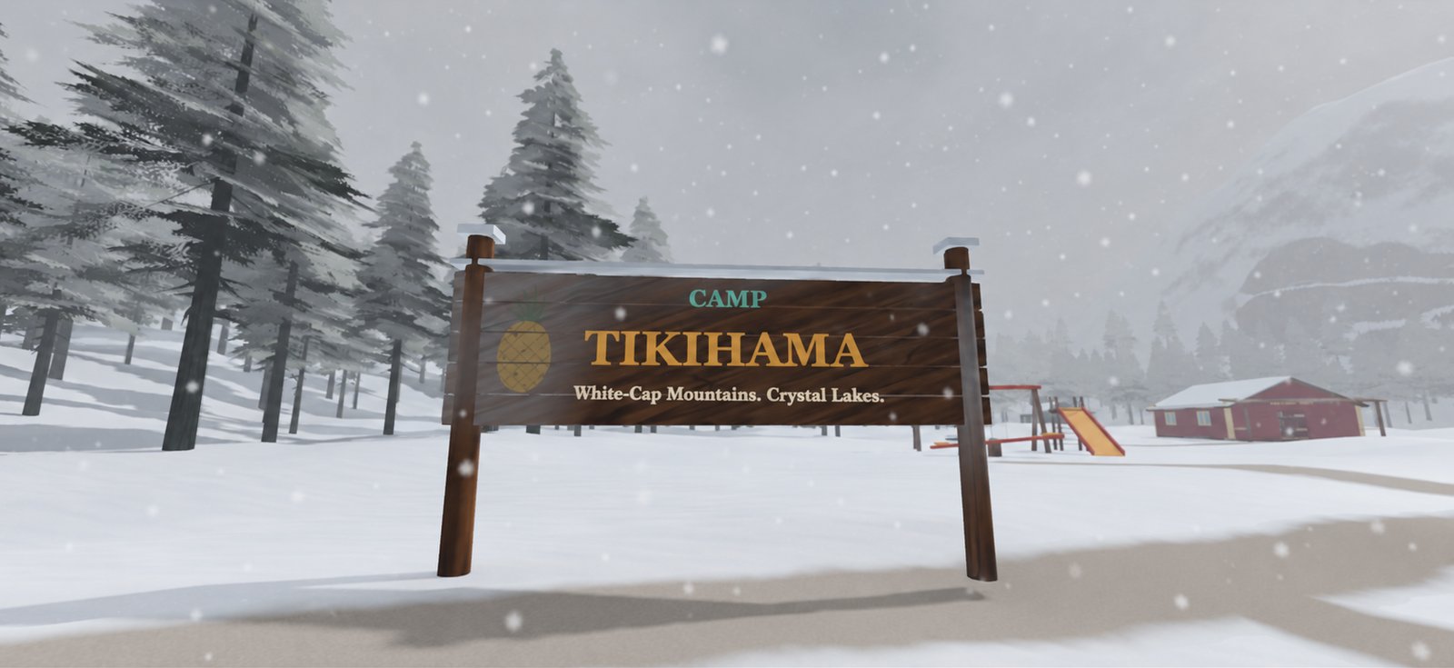 Hazzard Hearth: the Camp Tikihama sign in falling snow below the White-Cap Mountains